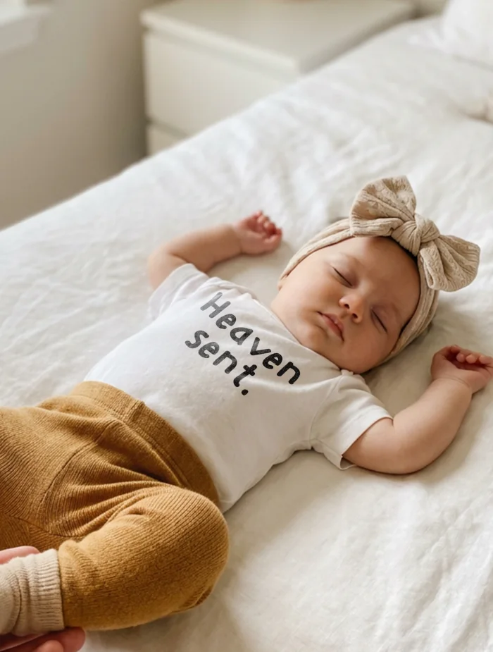 Bebelus purtand body Pomverde cu mesajul Heaven sent